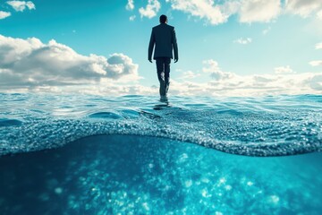 Businessman walks through shallow water under a bright sky in a tranquil landscape