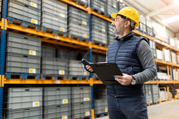 Male warehouse supervisor in hard hat with clipboard and scanner. Logistics manager looking at shelves in storage. Professional worker giving thumbs up. Supply chain and industry concept.