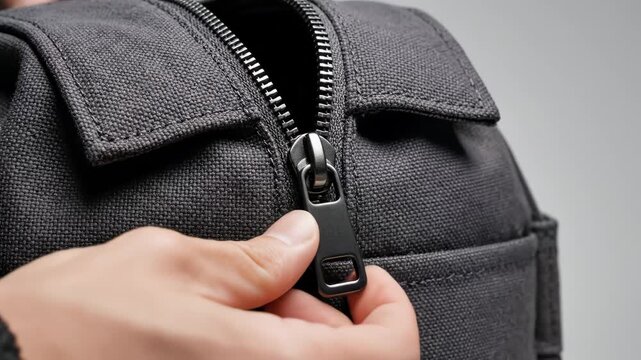 Hand zipping a black fabric bag