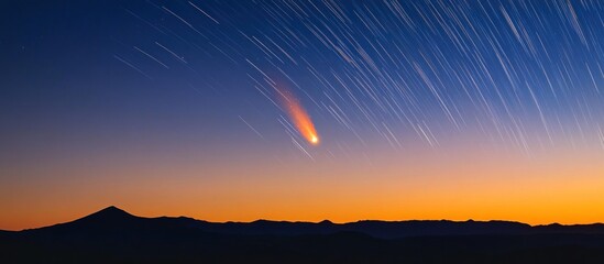 Spectacular night sky featuring a bright comet and star trails over mountains