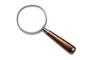 Magnifying glass with wooden handle, aiding in research, investigation, and analysis, finding details, transparent background