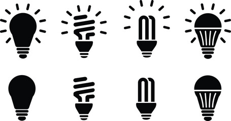 Set Light Bulb vector icon, Collection Idea icon. Lamp, Thinking concept. Group Lighting Electric lamp. Electricity bulb.