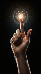 A human hand reaching to touch a glowing digital network interface