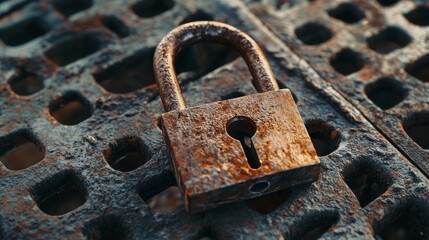Weathered lock on a rusted grate, with aged appearance and texture.