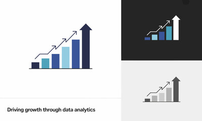 Blue and gray bar chart with upward arrows showing growth through data analytics