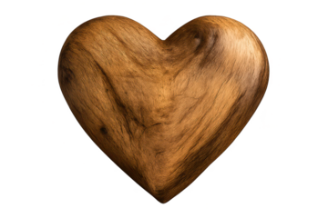 Wooden heart on transparent background, love concept, wood texture art.