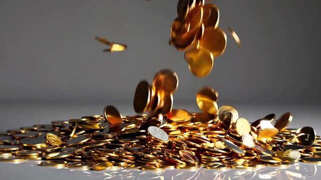 shower of gold coins falling onto reflective surface, dynamic cascade and pile building, highcontrast studio lighting emphasizes metallic shine, cinematic jackpot and treasure imagery evoking wealth