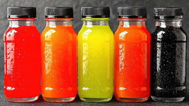 Juice-app icon: five-color bottles dark-grey high-sat, dark-mode safe, high-CTR health market
