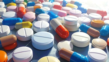 A vibrant collection of assorted pharmaceutical pills and capsules scattered across a surface, showcasing a variety of colors and shapes.