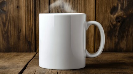 Plain White Coffee Mug with Steam on Dark Wood Background
