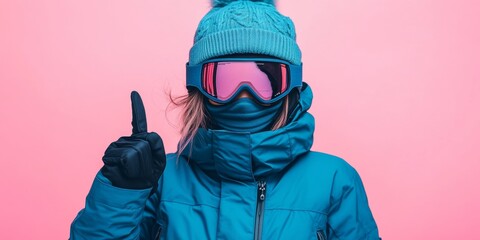 A person in full winter gear, including a ski outfit and goggles, gives a thumbs-up sign against the backdrop of snowy mountains.