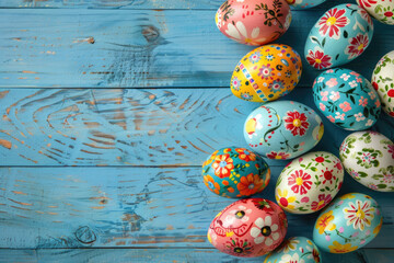 traditional painted colorful easter eggs over vintage blue  wooden floor on easter celebration.