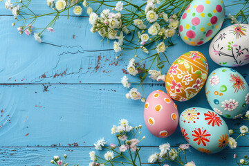 traditional painted colorful easter eggs over vintage blue  wooden floor on easter celebration.