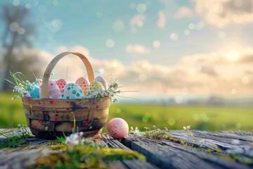  traditional decoration of colorful painted easter eggs in a vintage basket over wooden background in spring.