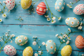 traditional painted colorful easter eggs over vintage blue  wooden floor on easter celebration.