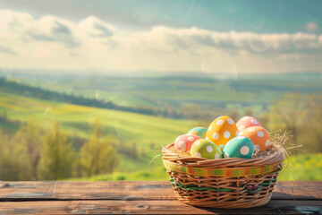  traditional decoration of colorful painted easter eggs in a vintage basket over wooden background in spring.