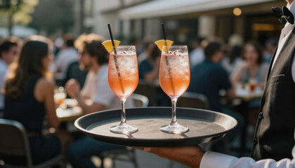 A waiter in a white shirt and black vest is carrying a round tray with two tall glasses of iced red cocktails garnished with lemon slices and black straws in an outdoor caf&eacute; setting