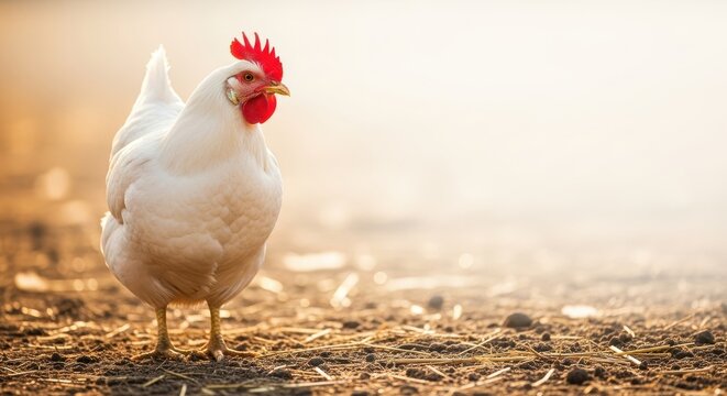 A White Chicken Standing Outdoors on the Ground in Bright Morning Sunlight