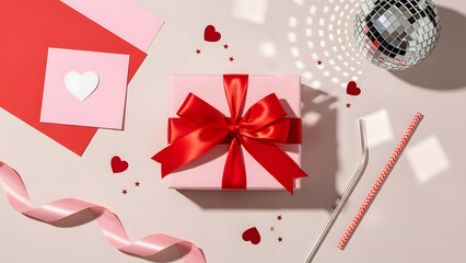 Valentine's Day gift flat lay with pink box and red ribbon | Romantic celebration accessories and disco ball top view | Aesthetic beige background with love hearts and party decorations 