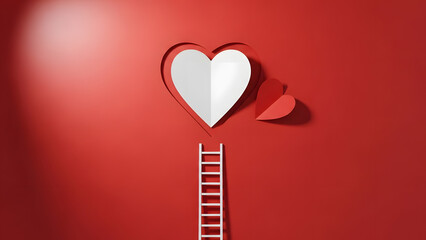 3D render of white ladder climbing toward a cutout paper heart | Conceptual image illustrating the journey and effort required for love | Minimalist red background design for Valentine's Day greeting 