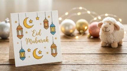 Eid celebration greetings card home decor festive illustration cozy indoor setting close-up view cultural celebration of eid mubarak with lanterns and sheep figurine