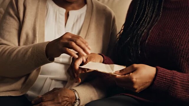 An elderly mother and adult daughter share a memory on a couch. A senior woman gives a note to her child and holds her hand. Family connection and generational love concept