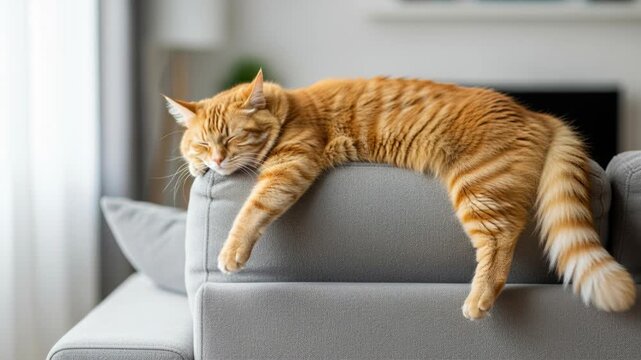 Relaxed orange cat stretching across couch arm in cozy living room