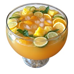 Illustration of fresh fruit punch bowl with oranges, lemons, limes, and mint leaves isolated on white background