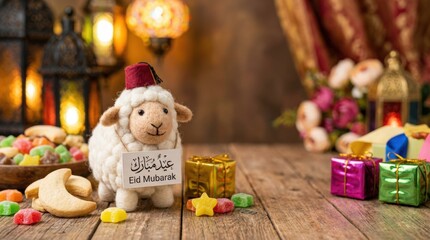 Eid celebration with decorative lamb festive atmosphere colorful treats and gifts welcoming vibes cozy setting cultural significance