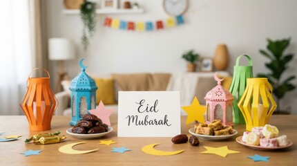 Eid celebration festivities home setting decorative food display cozy atmosphere table view cultural significance of eid al-fitr traditions with colorful lanterns and sweets