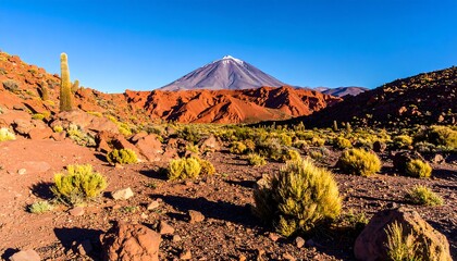 Volcanic landscape with vibrant colors and a snowy peak