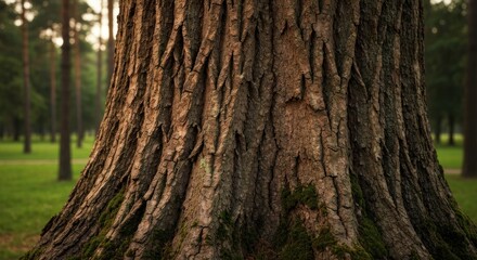 Obraz premium Close-up of large, textured tree trunk base in a sun-dappled green park setting