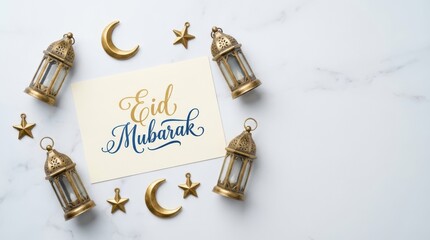 Eid mubarak celebration home decor greeting card festive environment flat lay view islamic cultural traditions for joyful occasions