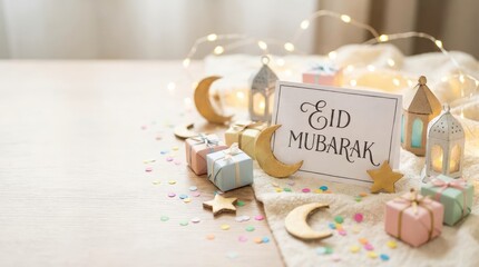 Eid celebration decor home setting festive arrangement cozy indoors close-up view joyful atmosphere with lanterns and gifts