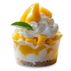 Illustration of mango dessert in a cup with whipped cream and a green leaf isolated on white background