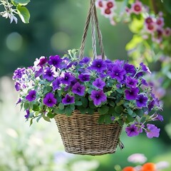 Illustration of vibrant purple petunias in a hanging wicker basket outdoors in garden