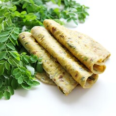 Illustration of delicious rolled flatbread with green herbs on a white surface