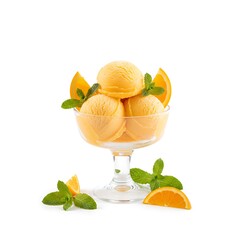 Illustration of scoops of orange ice cream in a glass bowl with slices and mint leaves on white