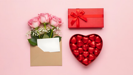 Romantic Valentine's Day gifts flat lay on pink background | Pink roses bouquet in envelope with blank card mockup | Red heart shaped chocolate box and gift box arrangement | Overhead view of love 