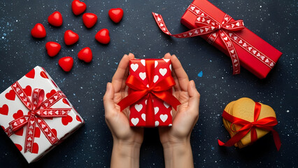 Hands holding red and white heart gift box on dark background | Overhead view of Valentine's Day presents and cookies | Romantic holiday gift giving celebration concept 