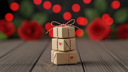 Small stack of Valentine's Day gifts wrapped in kraft paper | Romantic background with red roses and festive bokeh lights | Miniature holiday presents tied with candy cane twine 