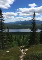 Elevated perspective reveals a vast forest landscape surrounding a shimmering lake and distant mountains under a blue sky