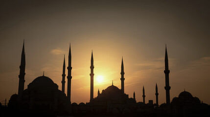 Silhouette of mosques at sunset.