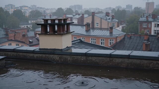 Rainy rooftop with chimney, puddles, ripples overcast city skyline in soft gray light gentle raindrops create concentric rings in standing water on flat tar roof pastel facades and distant trees