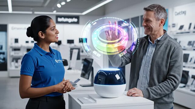 Salesperson showing device to customer