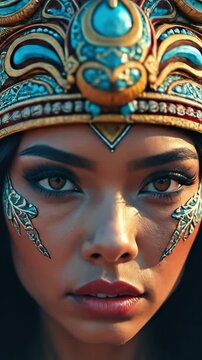 Close up of a woman with an ornate Aztec headdress featuring blue and gold details with tribal face paint, showing rich cultural aesthetics.