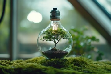 Green Tree Growing Inside Light Bulb on Moss Symbolizing Eco-Friendly Energy and Environmental Sustainability