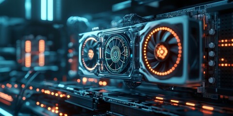 Obraz premium High-performance computer hardware components with cool blue and orange lighting. Modern technology on a desktop.