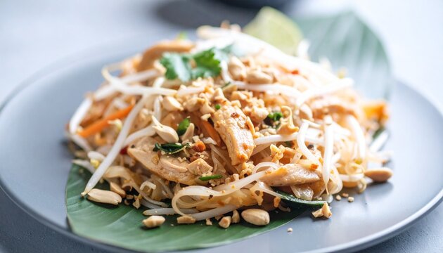 Pad Thai with Chicken &ndash; Thai Stir-Fried Noodles on Leaf Garnish with Bean Sprouts, Peanuts, and Lime