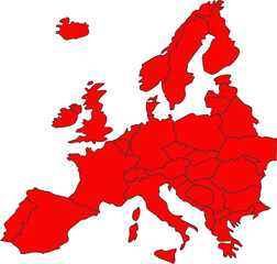 Red Silhouette Map of Europe with Country Borders